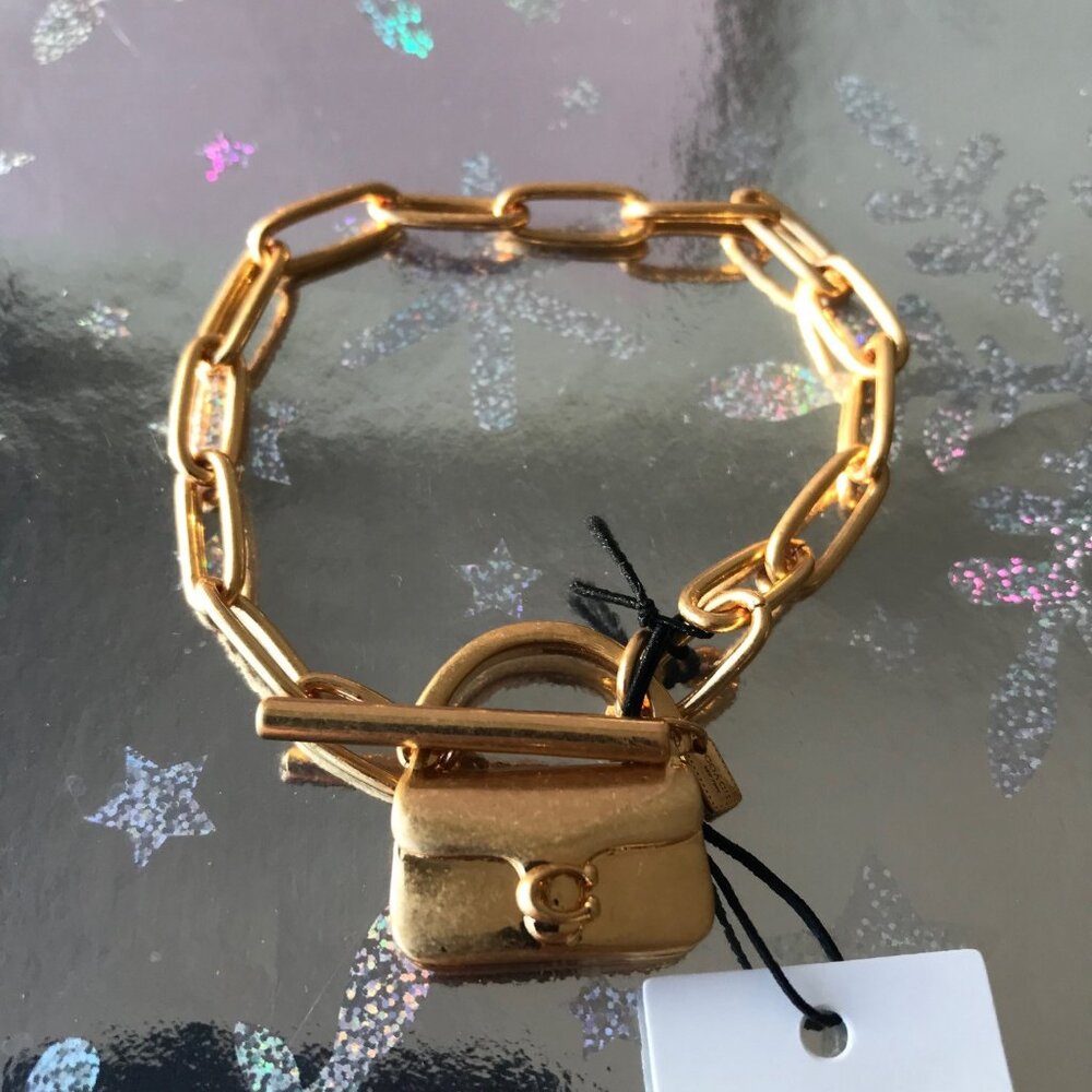 COACH MINI TABBY HANDBAG CHARM Matte Gold Tone Brass  Chain Bracelet  NWT - Picture 2 of 9